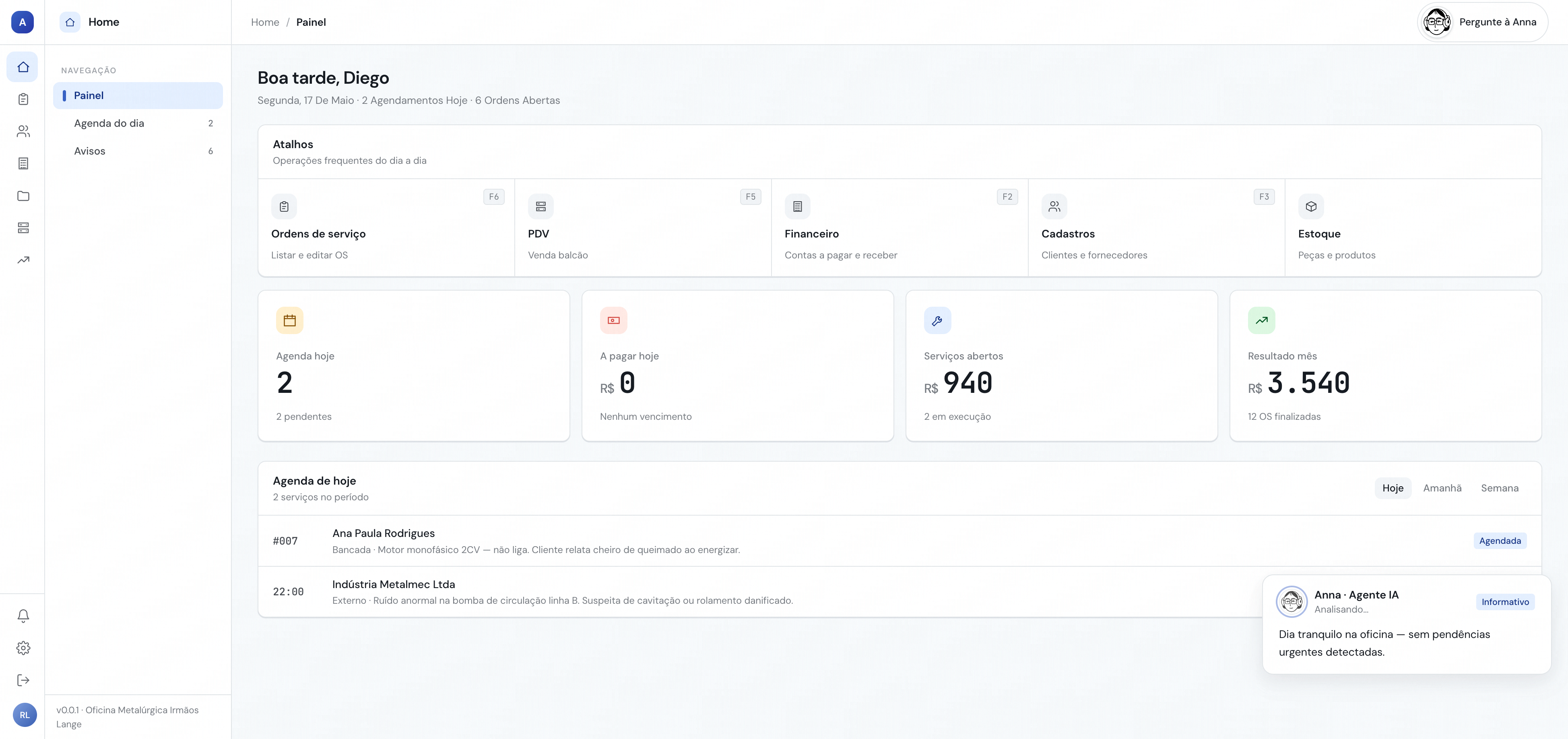 Painel AnlageAI — Dashboard da oficina com KPIs, agenda e agente Anna